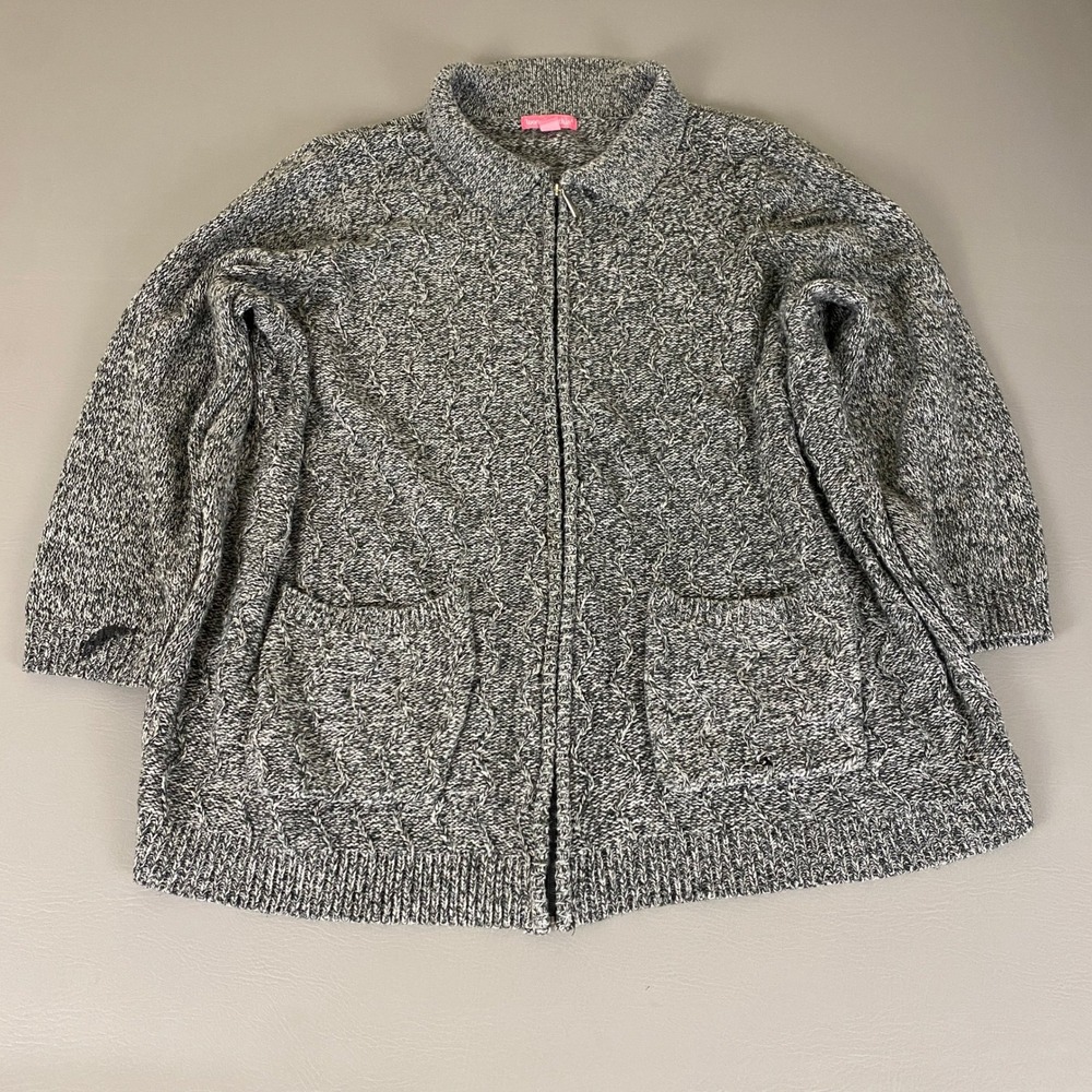 Woman Within Cardigan Sweater Plus Size 3X Gray Black Zip Pockets‎ Acrylic *Flaw